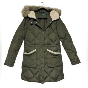 Ralph Lauren Down Quilted Puffer Parka Coat‎ Women Size S Faux Fur Hood Green